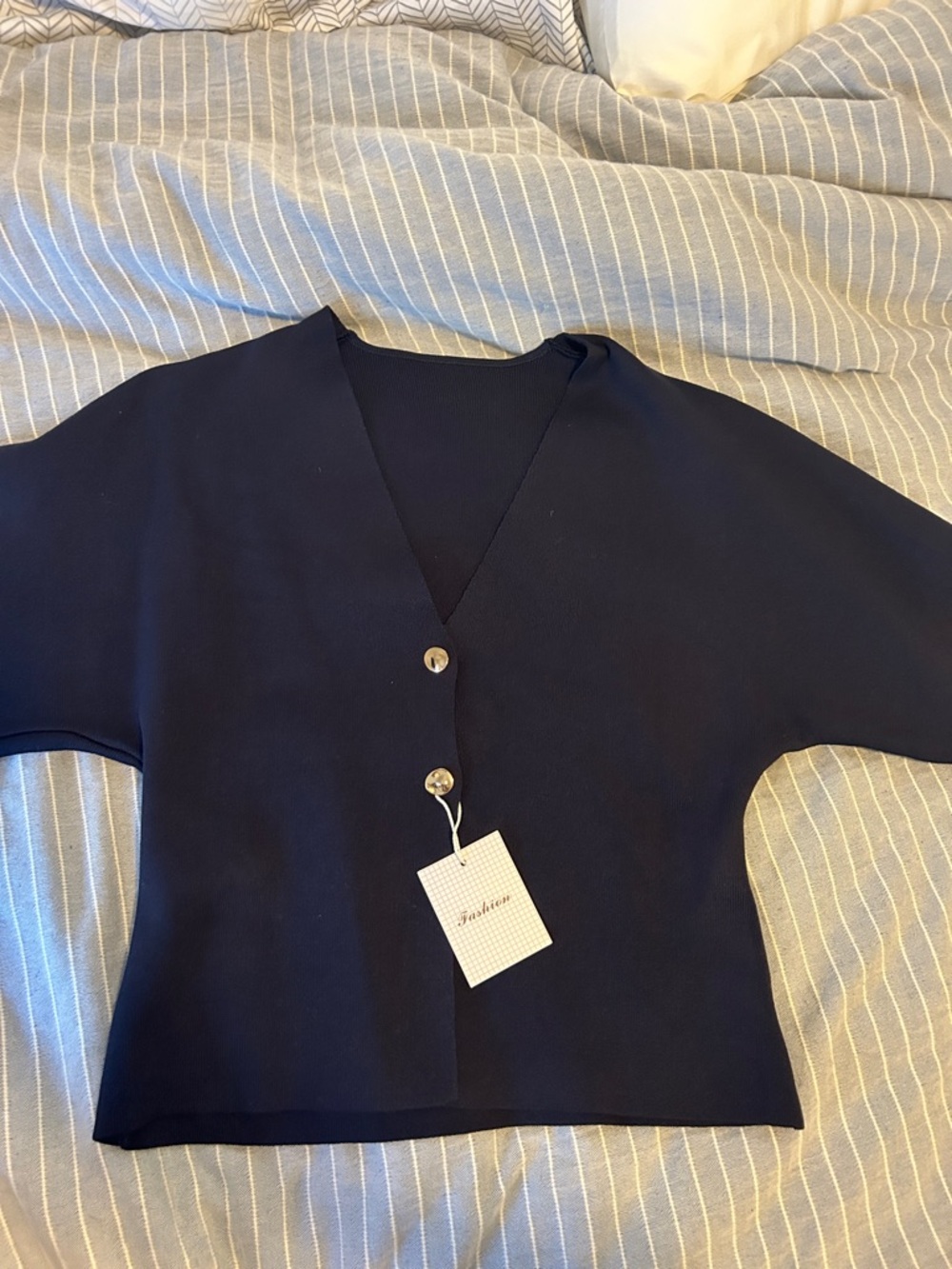 Navy V-Neck Button Front Top
